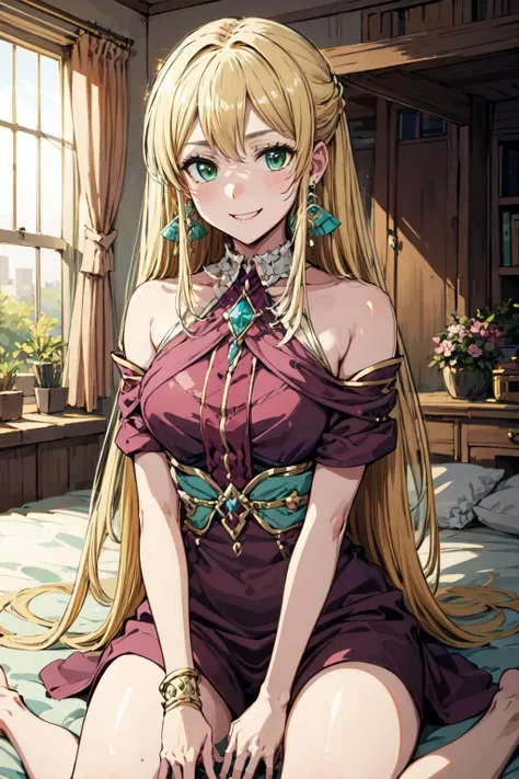 seductive smile, <lora:AphroditeDanmachi-17:0.7>, AphroditeDanmachi, blonde hair, green eyes, long hair, earrings, jewelry, revealing clothes, (wariza), (indoor, bedroom, on bed), (masterpiece, best quality, ultra-detailed, best shadow)