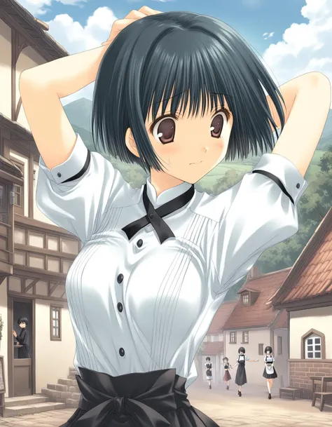 1girl,
<lora:sdxl-boldline:-1>,
<lora:sdxl2-flat2-512b:-1>
village, houses, public buildings, village green,
detail background,
dynamic pose,
embarrassed,
Lounging with one hand behind the head,
hand in own hair,
BREAK,
<lora:tenshi12_A3_XL_V1_0_oldstyletest-000008:0.8>,
tenshinoinai12, asou asuna, short hair, black hair, brown eyes,bob cut ,
(medium breasts:0.8),
waitress,solo,