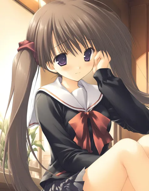 1girl,
<lora:sdxl-boldline:-1>,
 <lora:sdxl2-flat2-512b:-1>
indoor,
detail background,
dynamic pose,
seductive smile,
Sitting, leaning forward with elbows on knees,
arm at side,
BREAK
 <lora:tenshi12_A3_XL_V1_0_oldstyletest-000008:0.8>,
tenshinoinai12, sumadera yukio, twintails, long hair, ribbon, brown hair,purple eyes, blue eyes,
(small breasts:1.1),
school uniform,serafuku,pleated skirt,