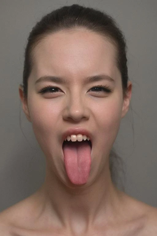 masterpiece,best quality,8k,realistic,solo,portrait,1girl,tongue, black hair, tongue out, open mouth, what, looking at viewer, simple background,