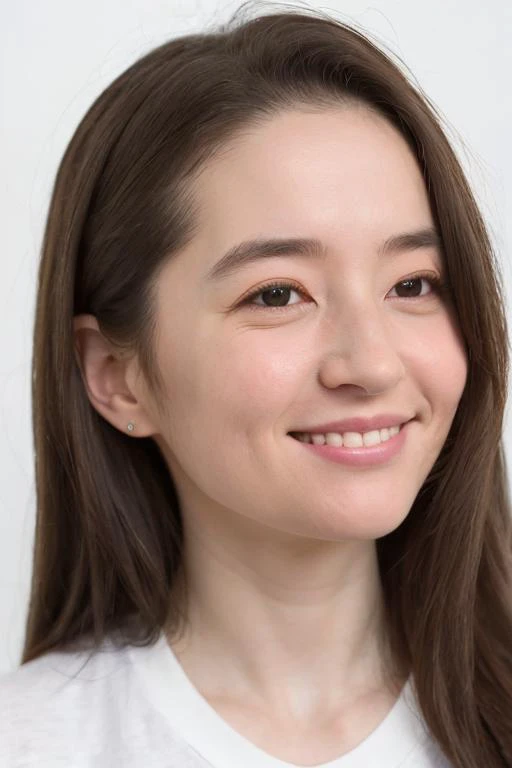 masterpiece,best quality,8k,realistic,solo,portrait,1girl,(white background),Look at the camera,(white shirt),(Close your eyes and smile:1.1),