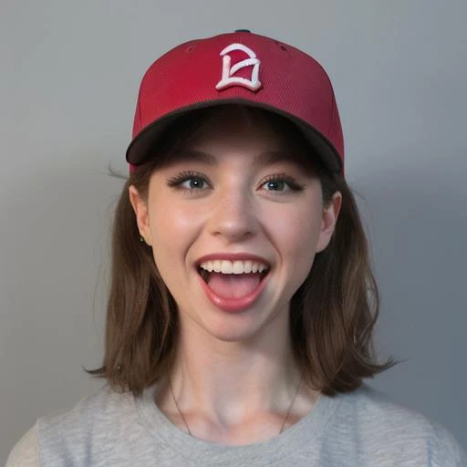 masterpiece,best quality,8k,realistic,solo,portrait,1girl,clothing,hat, brown eyes, smile, brown hair, open mouth, green shirt, backwards hat, shirt, baseball cap, red headwear, portrait, teeth, grey background, upper body, parody,(tongue:1.05)