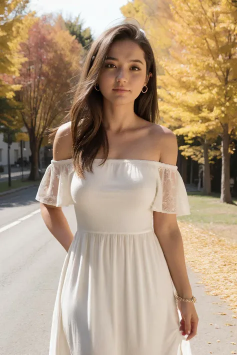 mid-shot, a beautiful woman looking into camera, off shoulder dress,  half body portrait,  rim light, autumn lights