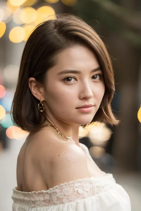 mid-shot, a beautiful woman looking into camera, off shoulder dress, 
detailed face, detailed skin
,  rim light, autumn lights