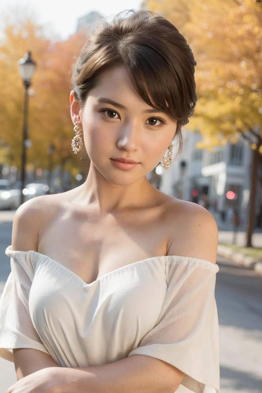 mid-shot, a beautiful woman looking into camera, off shoulder dress,
detailed face, detailed skin
, rim light, autumn lights