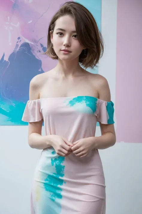 mid-shot, a beautiful woman looking into camera, off shoulder dress, by agnes cecile, half body portrait, extremely luminous bright design, pastel colors, autumn lights