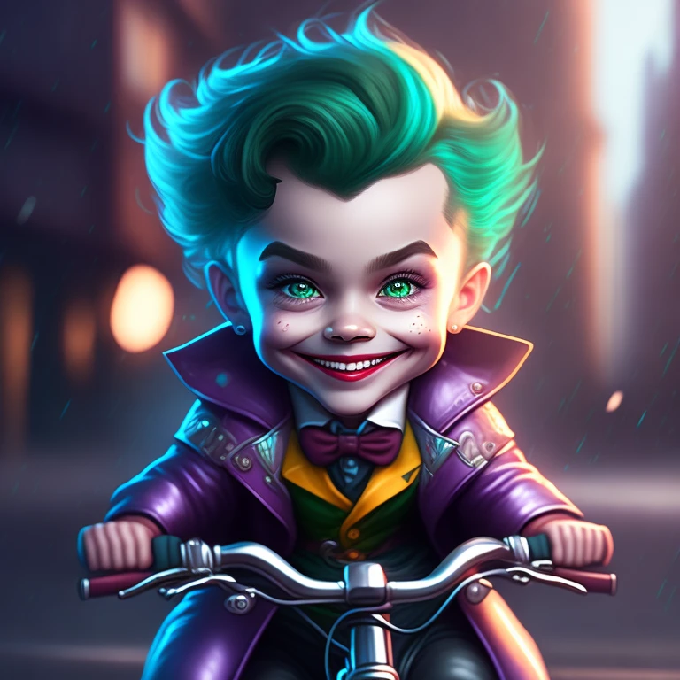cute portrait of a cute joker riding a bike , cinematic shot , digital art 4k, high detail , <lora:richVIP_SD2.1:1>
