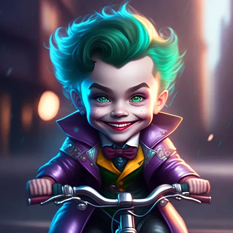 cute portrait of a cute joker riding a bike , cinematic shot , digital art  4k, high detail , <lora:richVIP_SD2.1:1>