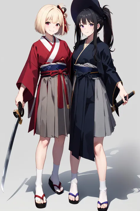 (masterpiece:1.2), best quality,pixiv,Chisato and Takina,
inoue takina, nishikigi chisato, multiple girls, 2girls, blonde hair, weapon, black hair, sword, long hair, short hair, japanese clothes, hair ribbon, red eyes, ribbon, katana, purple eyes, bangs, red ribbon, skirt, full body, hakama, sandals, kimono, grey background, looking at viewer, ponytail, sheathed, sheath, samurai, standing, blue kimono, jacket on shoulders, hakama skirt, closed mouth, holding, hat, simple background, socks, red kimono, tabi, copyright name, mouth hold, jacket, black hakama
 <lora:Chisato and Takina_20230821120834:1>