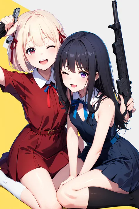 (masterpiece:1.2), best quality,pixiv,Chisato and Takina,
inoue takina, nishikigi chisato, multiple girls, lycoris uniform, 2girls, weapon, ribbon, two-tone dress, blonde hair, gun, long hair, hair ribbon, dress, red eyes, purple eyes, pleated dress, red dress, black hair, grey dress, red ribbon, one eye closed, handgun, socks, bangs, short hair, yuri, blue dress, holding gun, looking at viewer, black socks, holding weapon, sitting, ;d, holding, smile, m1911, open mouth, neck ribbon, blue ribbon, yellow background, signature, seiza, shirt, red belt, collared shirt, heart
<lora:Chisato and Takina_20230821120834:1>