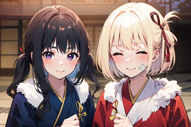 (masterpiece:1.2), best quality,pixiv,Chisato and Takina,
inoue takina, nishikigi chisato, multiple girls, 2girls, black hair, blonde hair, twintails, long hair, short hair, red ribbon, closed eyes, ribbon, hair ribbon, japanese clothes, smile, blue kimono, purple eyes, kimono, bangs, red kimono, upper body, indoors, closed mouth, looking at viewer, bandaid, bandaid on face, blurry background, blurry, tasuki, parody
 <lora:Chisato and Takina_20230821120834:1>