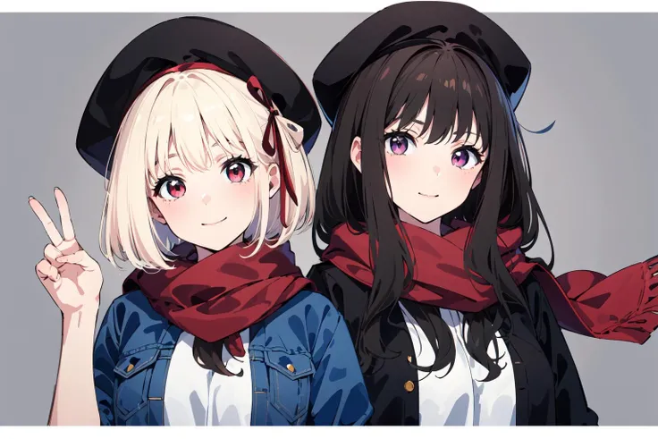 (masterpiece:1.2), best quality,pixiv,Chisato and Takina,
2girls,inoue takina, multiple girls, 2girls, short hair, hat, scarf, jacket, long hair, black hair, upper body, smile, red eyes, white hair, nishikigi chisato, bangs, shirt, brown hair, beret, white shirt, closed mouth, looking at another, letterboxed, open jacket, denim jacket, antenna hair, open clothes, purple eyes, orange eyes
 <lora:Chisato and Takina_20230821120834:1>
