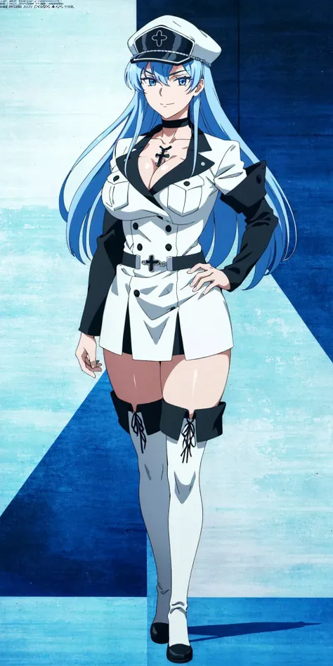 masterpiece, high quality, best quality, 1girl, (muscular female:1.0), (super gigantic breasts:1.0), (closed mouth, half smile), esdeath, long blue hair, white peaked cap, blue eyes, white military uniform, long sleeves, white thighhighs, choker, cleavage, anime screencap, anime key visual, (fully clothed:1.0), full body <lora:agk_esdeath:1>