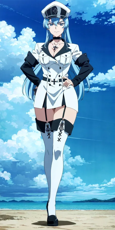 masterpiece, high quality, best quality, 1girl, (muscular female:1.0), (super gigantic breasts:1.0), (closed mouth, half smile), esdeath, long blue hair, white peaked cap, blue eyes, white military uniform, long sleeves, white thighhighs, choker, cleavage, anime screencap, anime key visual, (fully clothed:1.0), full body <lora:agk_esdeath:1>