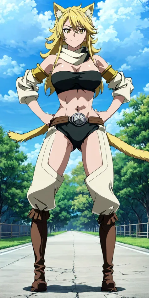 masterpiece, high quality, best quality, 1girl, (muscular female:1.0), (super gigantic breasts:1.0), (closed mouth, half smile), leone, long hair, blonde hair, cat ears, strapless, detached sleeves, boots, scarf, belt, tail, midriff, anime screencap, anime key visual, (fully clothed:1.0), full body <lora:agk_leone:1>