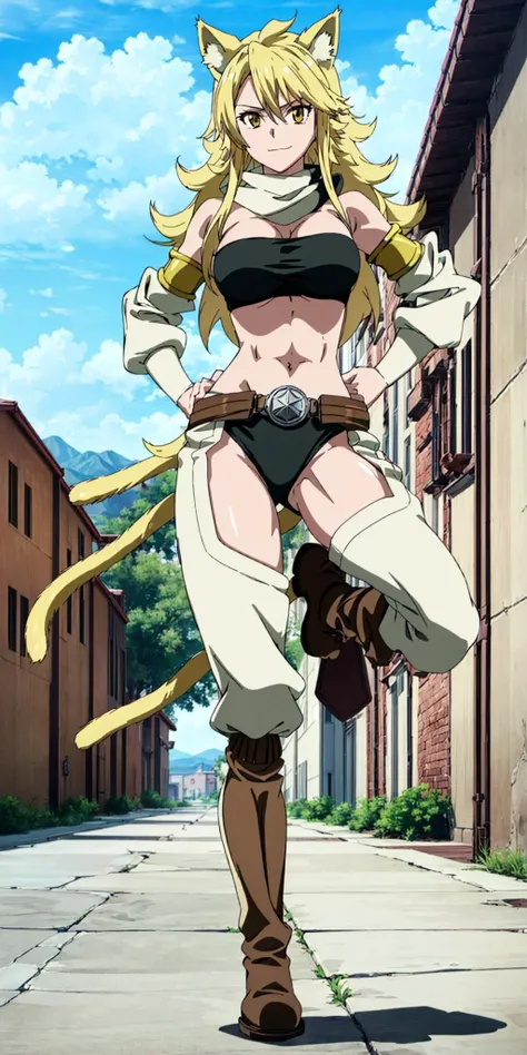 masterpiece, high quality, best quality, 1girl, (muscular female:1.0), (super gigantic breasts:1.0), (closed mouth, half smile), leone, long hair, blonde hair, cat ears, strapless, detached sleeves, boots, scarf, belt, tail, midriff, anime screencap, anime key visual, (fully clothed:1.0), full body <lora:agk_leone:1>