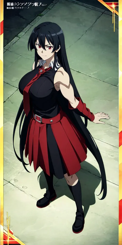 masterpiece, high quality, best quality, 1girl, (muscular female:1.0), (super gigantic breasts:1.0), (closed mouth, half smile), akame \(akame ga kill!\), black collared shirt, red necktie, sleeveless, skirt, black hair, red eyes, anime screencap, anime key visual, (fully clothed:1.0), full body <lora:agk_akame-10:1>