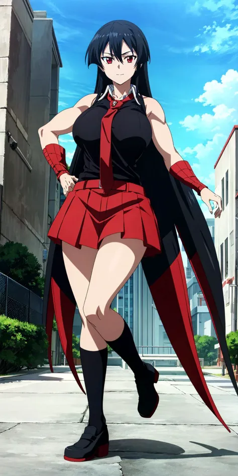 masterpiece, high quality, best quality, 1girl, (muscular female:1.0), (super gigantic breasts:1.0), (closed mouth, half smile), akame \(akame ga kill!\), black collared shirt, red necktie, sleeveless, skirt, black hair, red eyes, anime screencap, anime key visual, (fully clothed:1.0), full body <lora:agk_akame-10:1>
