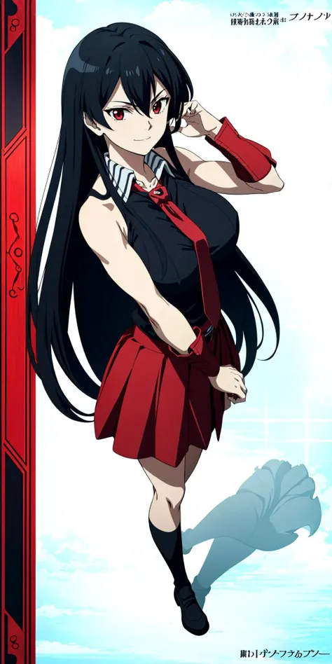 masterpiece, high quality, best quality, 1girl, (muscular female:1.0), (super gigantic breasts:1.0), (closed mouth, half smile), akame \(akame ga kill!\), black collared shirt, red necktie, sleeveless, skirt, black hair, red eyes, anime screencap, anime key visual, (fully clothed:1.0), full body <lora:agk_akame-10:1>