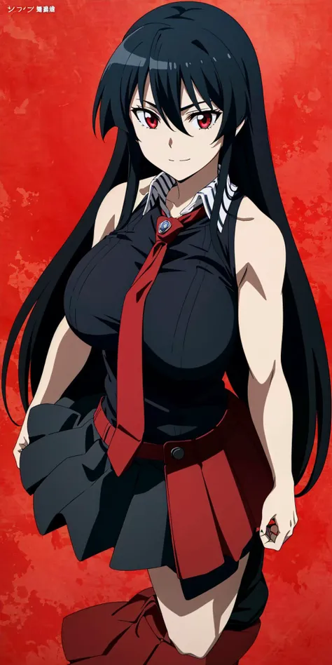 masterpiece, high quality, best quality, 1girl, (muscular female:1.0), (super gigantic breasts:1.0), (closed mouth, half smile), akame \(akame ga kill!\), black collared shirt, red necktie, sleeveless, skirt, black hair, red eyes, anime screencap, anime key visual, (fully clothed:1.0), full body <lora:agk_akame-10:1>