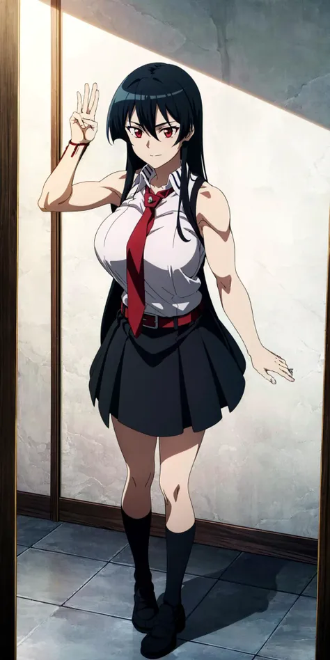 masterpiece, high quality, best quality, 1girl, (muscular female:1.0), (super gigantic breasts:1.0), (closed mouth, half smile), akame \(akame ga kill!\), black collared shirt, red necktie, sleeveless, skirt, black hair, red eyes, anime screencap, anime key visual, (fully clothed:1.0), full body <lora:agk_akame-10:1>