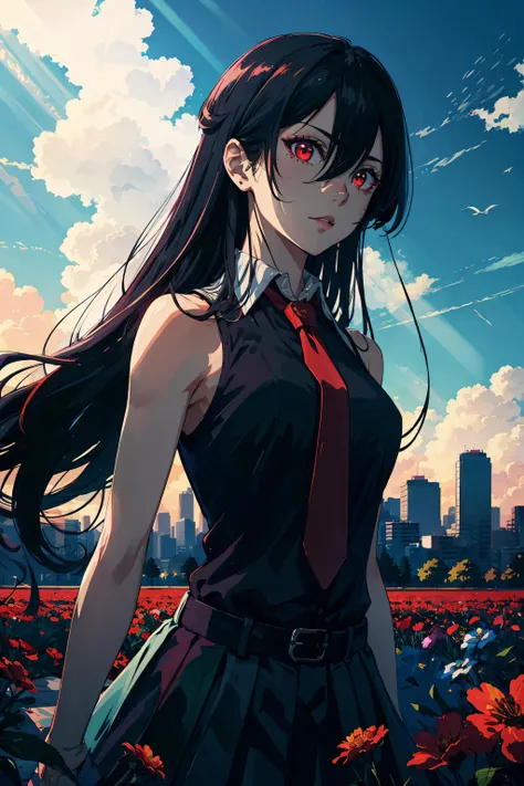 akame, \(akame ga kill!\), highres, highest quallity, illustration, cinematic light, ultra detailed, (detailed face), (detailed eyes), best quality, hyper detailed, masterpiece, 1girl, solo, black hair, long hair, red eyes, black collared shirt, red necktie, sleeveless, skirt, luminous eyes, medium breasts, backlighting, light rays, (high contrast), (colorful), cowboy shot, sky, clouds, morning, flowers, field , distant city, <lora:akameGaKillGirlPack5_akamev10:0.7>