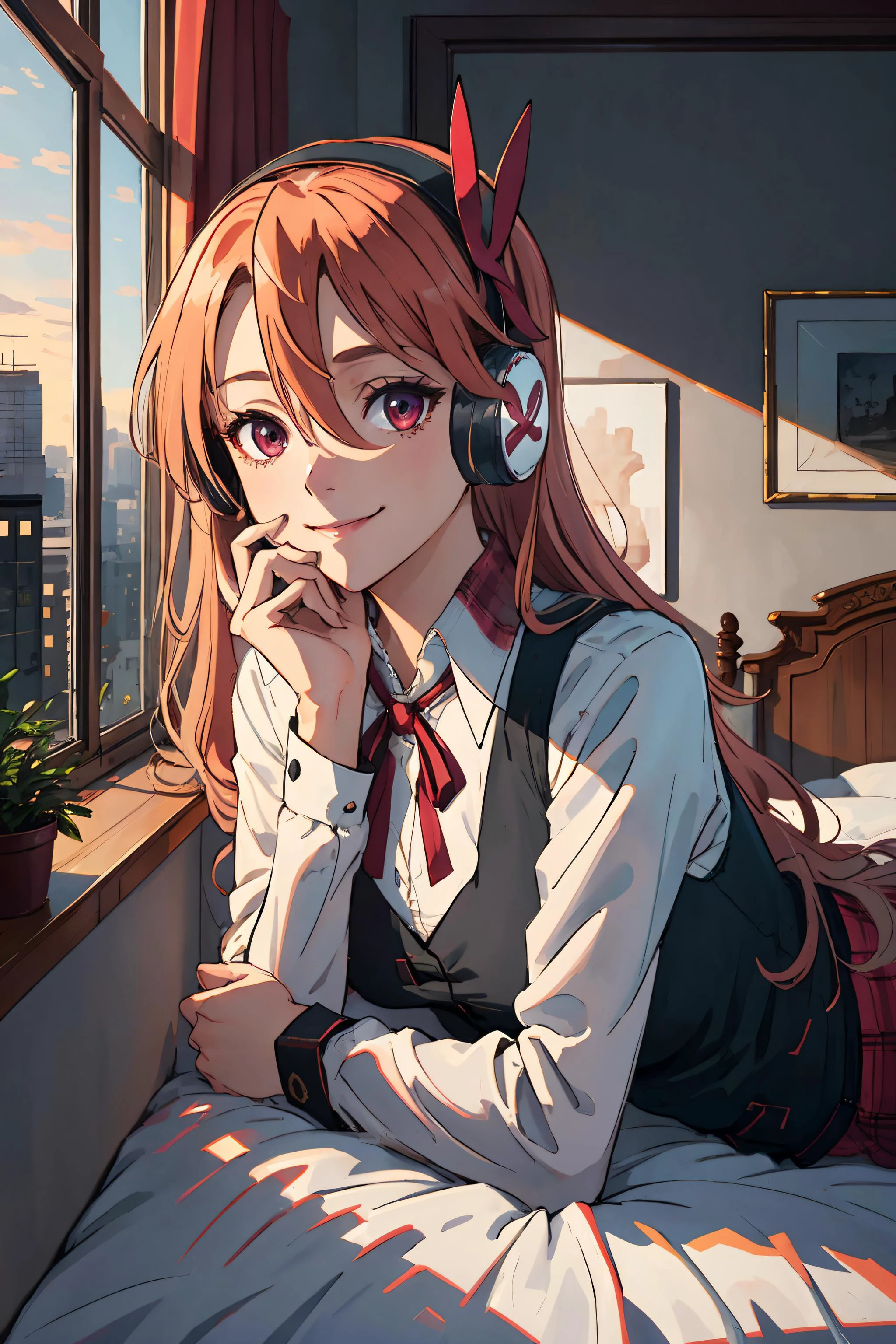 chelsea \(akame ga kill!\) highres, highest quallity, illustration, cinematic light, ultra detailed, (detailed face), (detailed eyes), best quality, hyper detailed, masterpiece, 1girl, solo, red eyes, headphones, black vest, white shirt, neck ribbon, long sleeves, plaid skirt, medium breasts, luminous eyes, light rays, (colorful), indoors, looking at viewer, bedroom, bed, lying, lying down, laying on bed, smile, hand on chin, window, city outside window,<lora:akameGaKillGirlPack5_chelseav10:0.7>