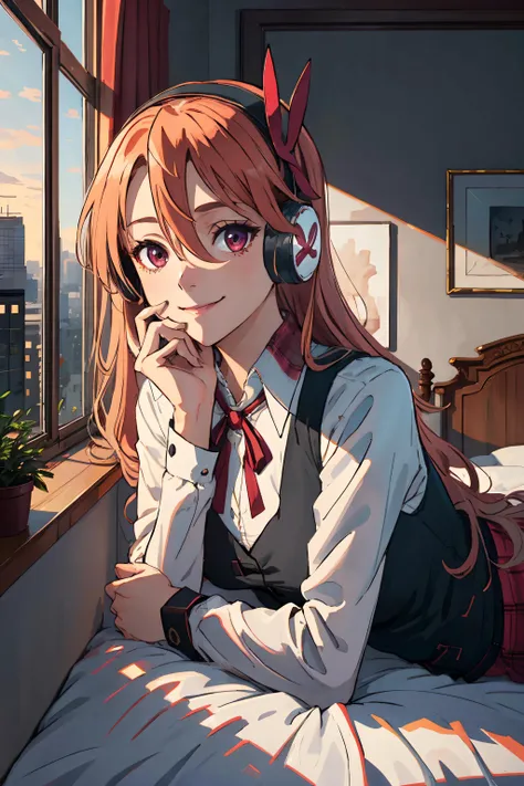 chelsea \(akame ga kill!\) highres, highest quallity, illustration, cinematic light, ultra detailed, (detailed face), (detailed eyes), best quality, hyper detailed, masterpiece, 1girl, solo, red eyes, headphones, black vest, white shirt, neck ribbon, long sleeves, plaid skirt, medium breasts, luminous eyes, light rays, (colorful), indoors, looking at viewer, bedroom, bed, lying, lying down, laying on bed, smile, hand on chin, window, city outside window,<lora:akameGaKillGirlPack5_chelseav10:0.7>