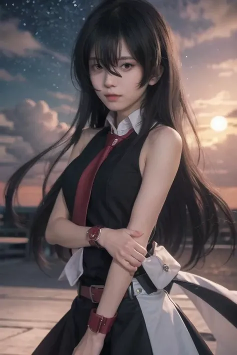 star_\(sky\), starry_sky, 1girl, black_hair, necktie, night_sky, night, belt, solo, long_hair, sky, red_necktie, sleeveless, red_eyes, hair_between_eyes, bare_shoulders, wristwatch, black_dress, wristband, dress, cloud, looking_at_viewer,
<lora:agk_charpack:0.8>,AKAME \(AKAME GA KILL!\),
photorealistic,masterpiece, best quality,8k,ultra-detailed, highres, extremely detailed,realistic,