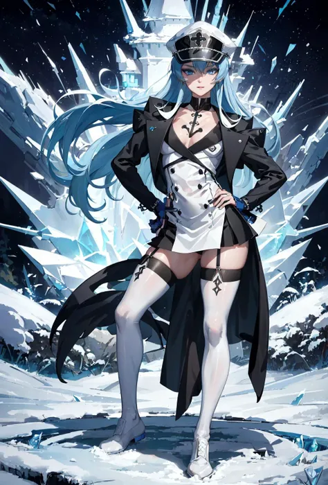 (masterpiece, best quality:1.2), <lora:agk_charpack:1.0>, solo, 1girl, ((esdeath)), smile, looking back, long blue hair, white peaked cap, blue eyes, (white military uniform), long sleeves, white thighhighs, choker, large or medium breasts,(slim),( ice magic), (frozen palace), snow on clothes <lora:GoodHands-beta2:0.8>, good hands, illustration of a anime girl imagination, art brut, polychromatic neon, phantasmagoria, vray, polychromatic noir, hyperrealistic photo by Seebas Apterus and Larry Bell art, blending, smooth, serious, detailed expressions, artstyle, detailed eyes, HDR, UHD, 64k, RTX, sharp, sharp focus, highly detailed, intricate detail, professional, artistic flow, ultra detailed, high resolution photography, (bright colors), realistic photo, intricate details, (cinematic look), masterpiece, sharp focus, attractive, detailed eyes, detailed lips, goosebumps, detailed skin, dynamic angle, wind, by sports illustrated