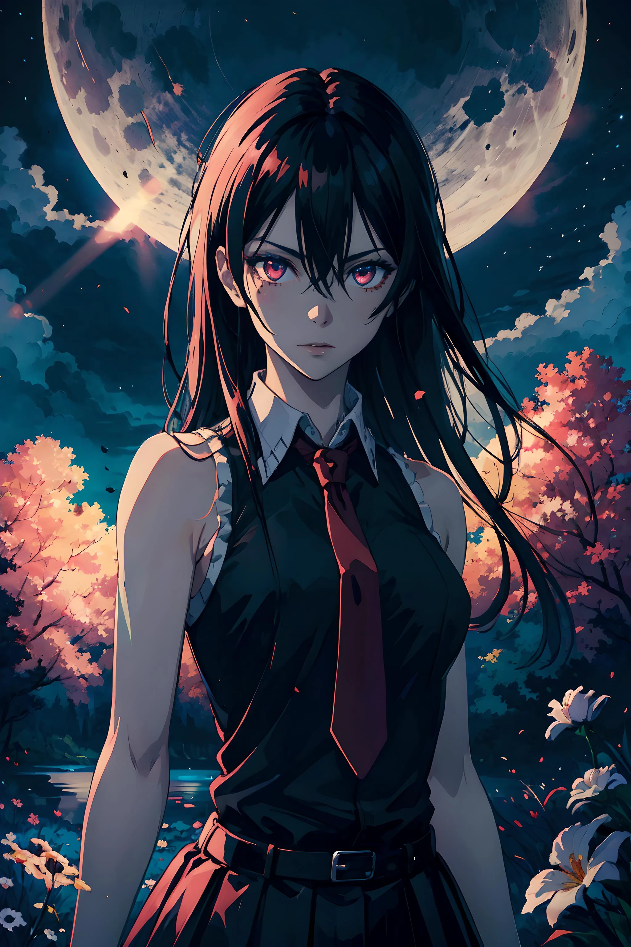 akame, \(akame ga kill!\), highres, highest quallity, illustration, cinematic light, ultra detailed, (detailed face), (detailed eyes), best quality, hyper detailed, masterpiece, 1girl, solo, black hair, long hair, black collared shirt, red necktie, sleeveless, skirt, luminous eyes, medium breasts, backlighting, light rays, (high contrast), (colorful), cowboy shot, sky, moon, clouds, night, flowers, field , distant village, lake <lora:akameGaKillGirlPack5_akamev10:0.7>