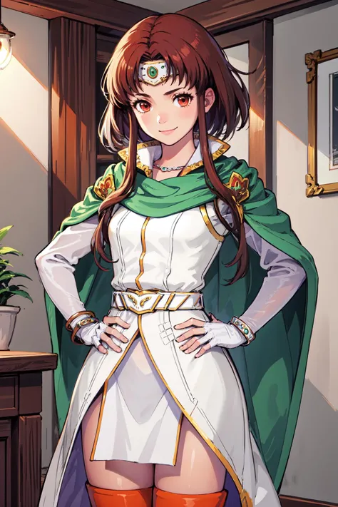 <lora:mirandaS1:0.9>,upper body,smile,hand on hip,miranda,circlet,white elbow glove,cape,orange thighhighs,dress, boots, long sleeves, necklace, belt, bracelet, pelvic curtain, gold trim,indoors, (masterpiece, best quality, ultra-detailed, best shadow)