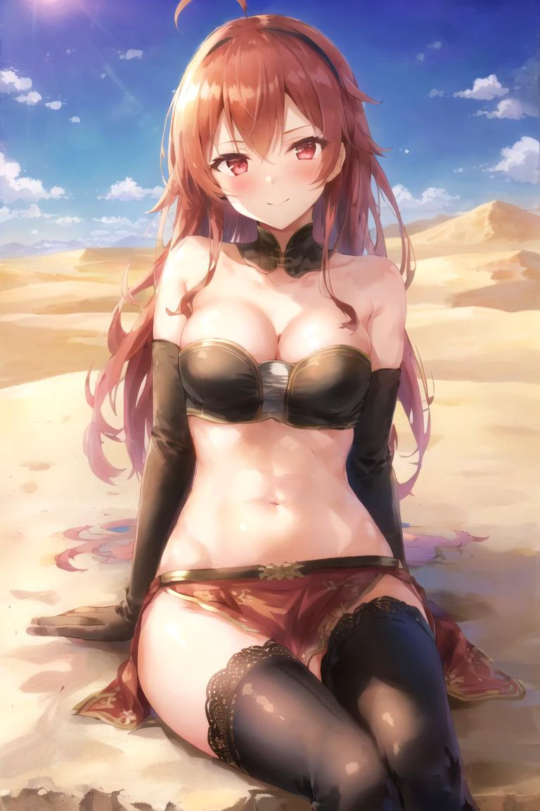 <lora:DesertSorceressOutfitV2:0.75>, Desert_Sorceress_outfit, 1girl, solo, breasts, red_hair, red_eyes, black_hairband, ahoge, thighhighs, navel, gloves, cleavage, sitting, large_breasts, bare_shoulders, elbow_gloves, arm_support, black_gloves, black_thighhighs, midriff, looking_at_viewer, smile, collarbone <lora:ErisV14:0.7>, eris_adult,