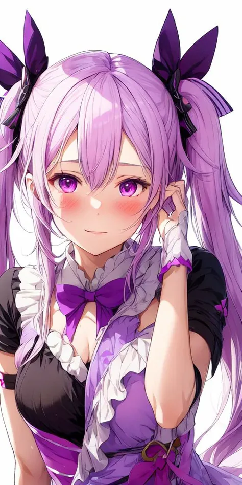 chiyoura chiyomi,<lora:chiyoura chiyomi:0.6>,1girl, solo, purple hair, twintails, purple eyes, long hair, hair ornament, hair bow, :d, blush, magical girl,<lora:flat2:-0.5>,<lora:boldline2:-0.5>,<lora:saturation:0.5>,<lora:noline:-0.5>,<lora:flatBG:0.5>,<lyco:kotobuki:-0.75>