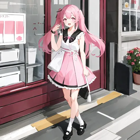 chiyoura chiyomi,solo,1girl,<lora:chiyoura chiyomi:0.7>,twin tail,long hair,pink hair,pink dress,ruffled skirt