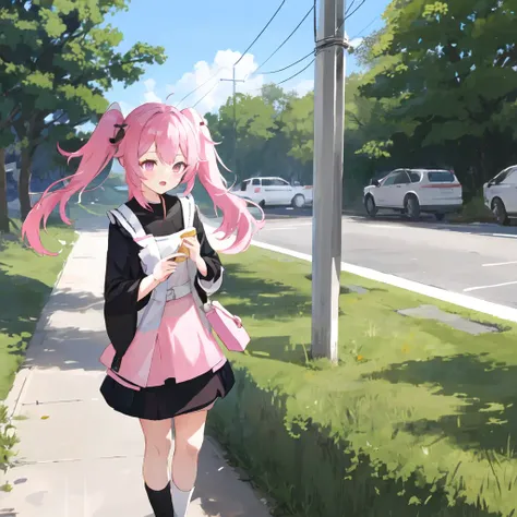 chiyoura chiyomi,solo,1girl,<lora:chiyoura chiyomi:0.7>,twin tail,long hair,pink hair,pink dress,ruffled skirt