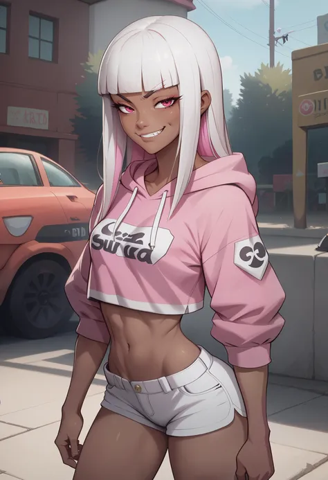 dark-skinned female,hime cut,white hair,pink colored inner hair,cropped hoodie,midriff,shorts,smug