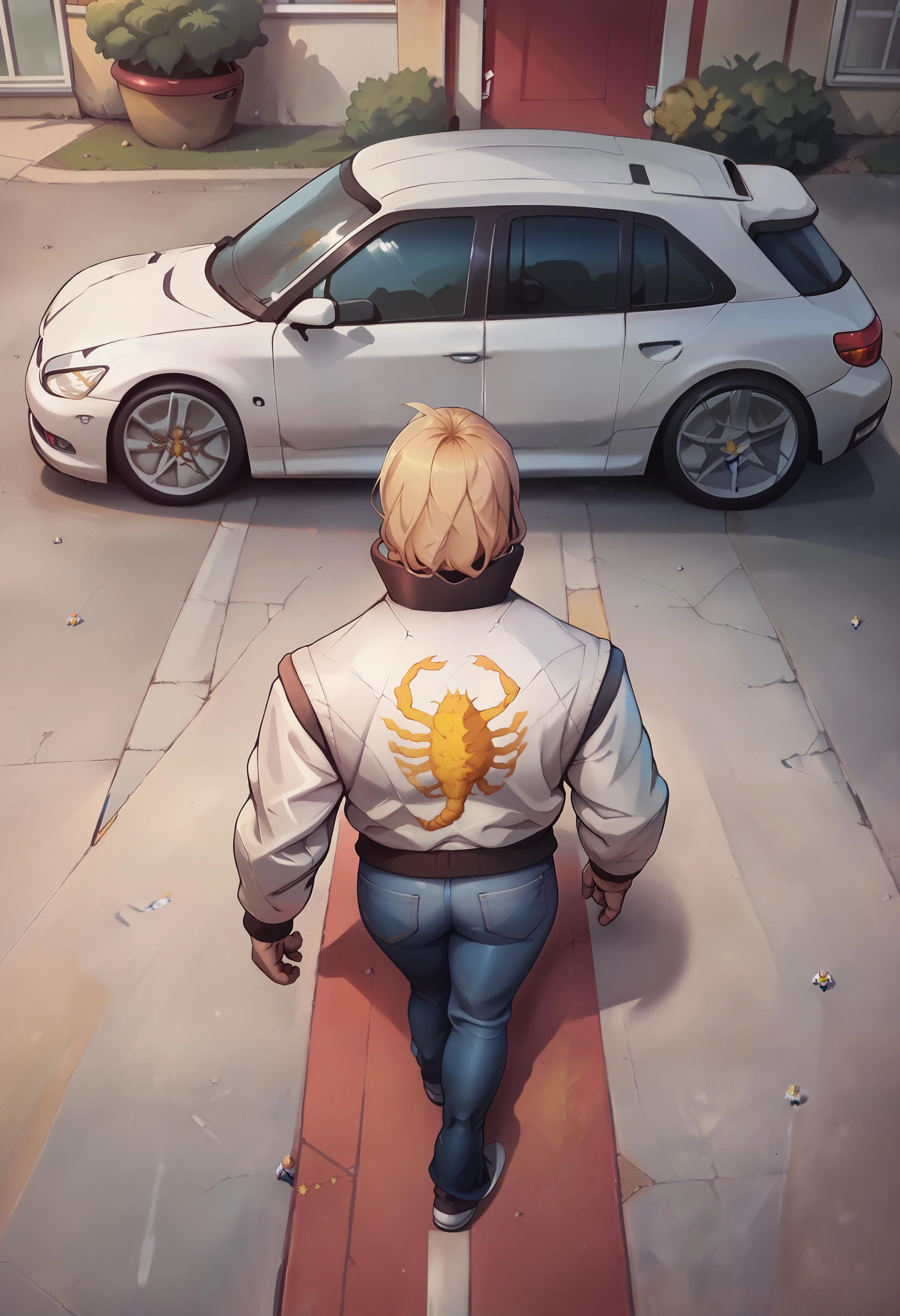 solo,akiraposter,print jacket, white jacket, from behind, jeans,from above, walking, ground vehicle, car, blonde <lora:drivejacket-outfit-richy-v1_pdxl:1> <lora:concept_akiraposter_ponyXL:0.8>
