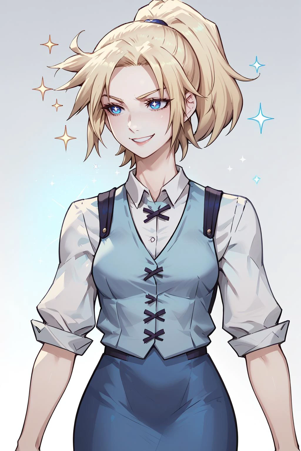 source_anime, score_9, score_8_up, <lora:ff7claudia-pdxl-nvwls-v1:1> ff7Claudia, blonde hair, ponytail, white collared shirt,formal vest, blue vest, blue pencil skirt, slight smile, sparkling eyes