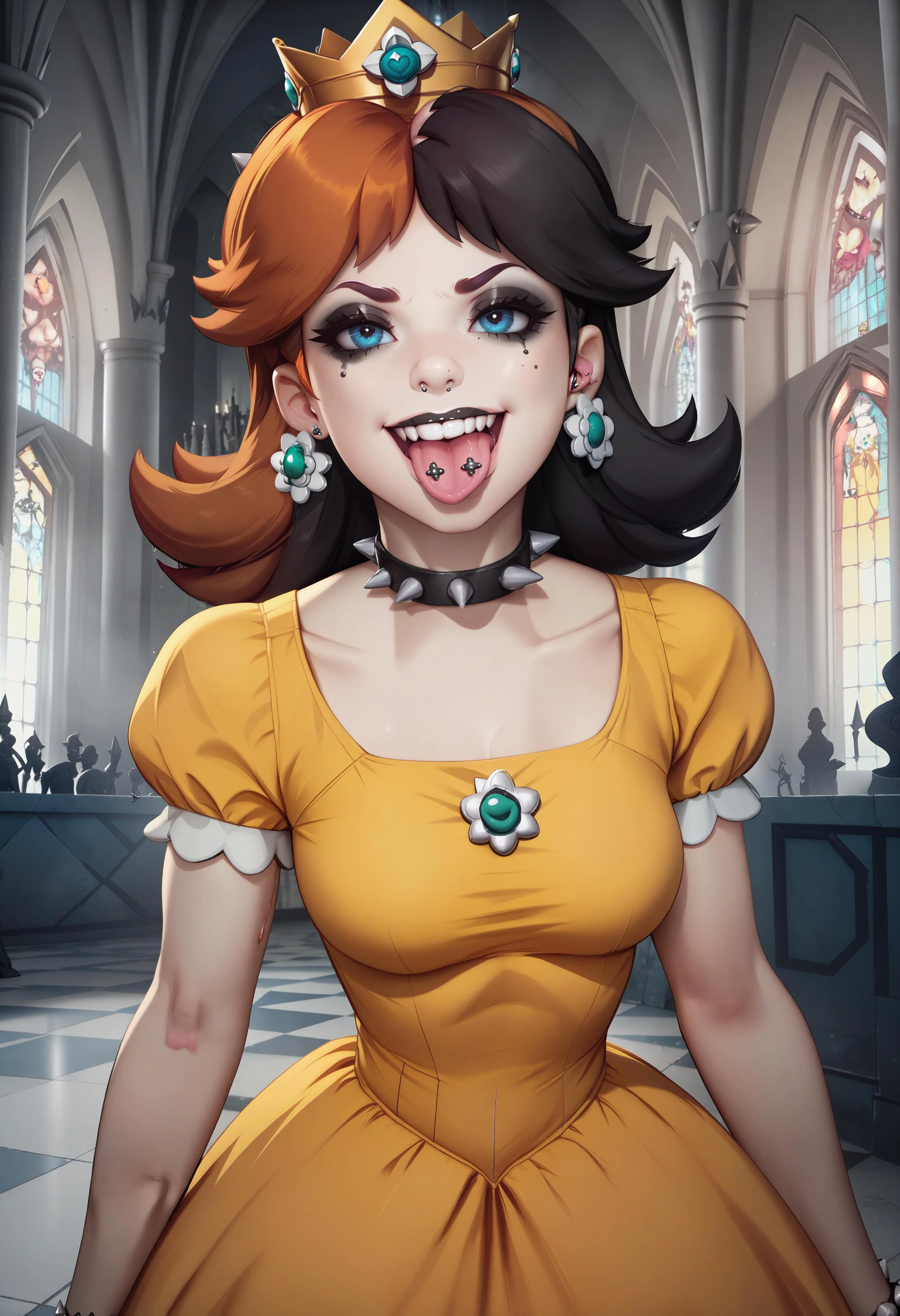 cinematic angle,princess daisy, with a edgScene hairstyle,multicolored hair, two-tone hair,goth makeup,spikes,choker,tongue out,grin,tongue piercing,saliva,castle interior,yellow dress <lora:edgScenePonyv1:0.7>