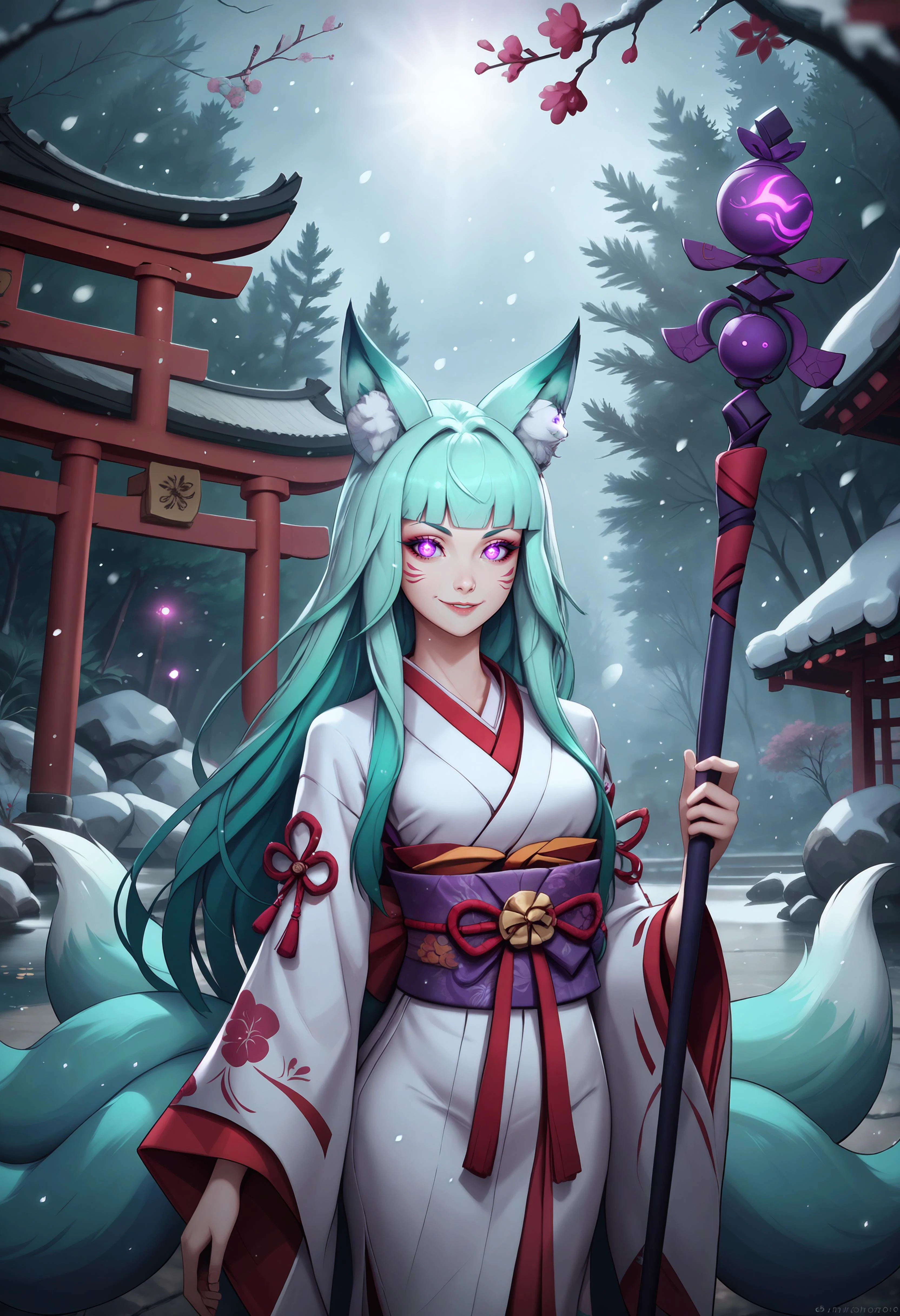 forest,dappled sunlight,light particles,cinematic shot,cherry blossoms,depth of field,miko,sunset,kimono,fox ears,ear fluff,fox tails,multiple tails,cowboy shot,long hair,hime cut,green hair,white hair,gradient hair,slight smile,facial mark, purple eyes,glowing eyes,long sleeves,sleeves past fingers,waist ribbon, cinematic angle,dramatic lighting,torii, snowing, holding staff