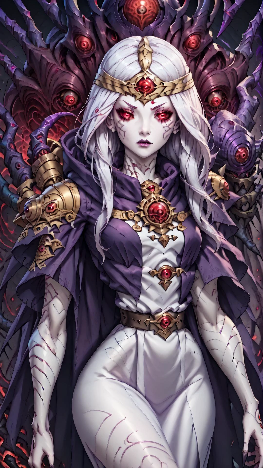 <lora:CassiaPony:0.75> CassiaRT, 1girl, red eyes, white hair, purple robe, pale skin, solo, third eye, claws <lora:AngelicCAT_Style:0.6>, high resolution, highly detailed, perfect lighting, beautiful detailed eyes,