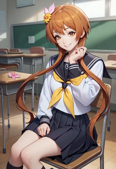 score_9, score_8_up, score_7_up, source_anime, solo, 1girl, tachibana marika, smile, looking at viewer, sitting, chair, short hair with long locks, hair flower, school uniform, serafuku, white shirt, yellow neckerchief, long sleeves, black skirt, indoors, classroom <lora:nisekoi_marikatachibana_ponyXL:1>