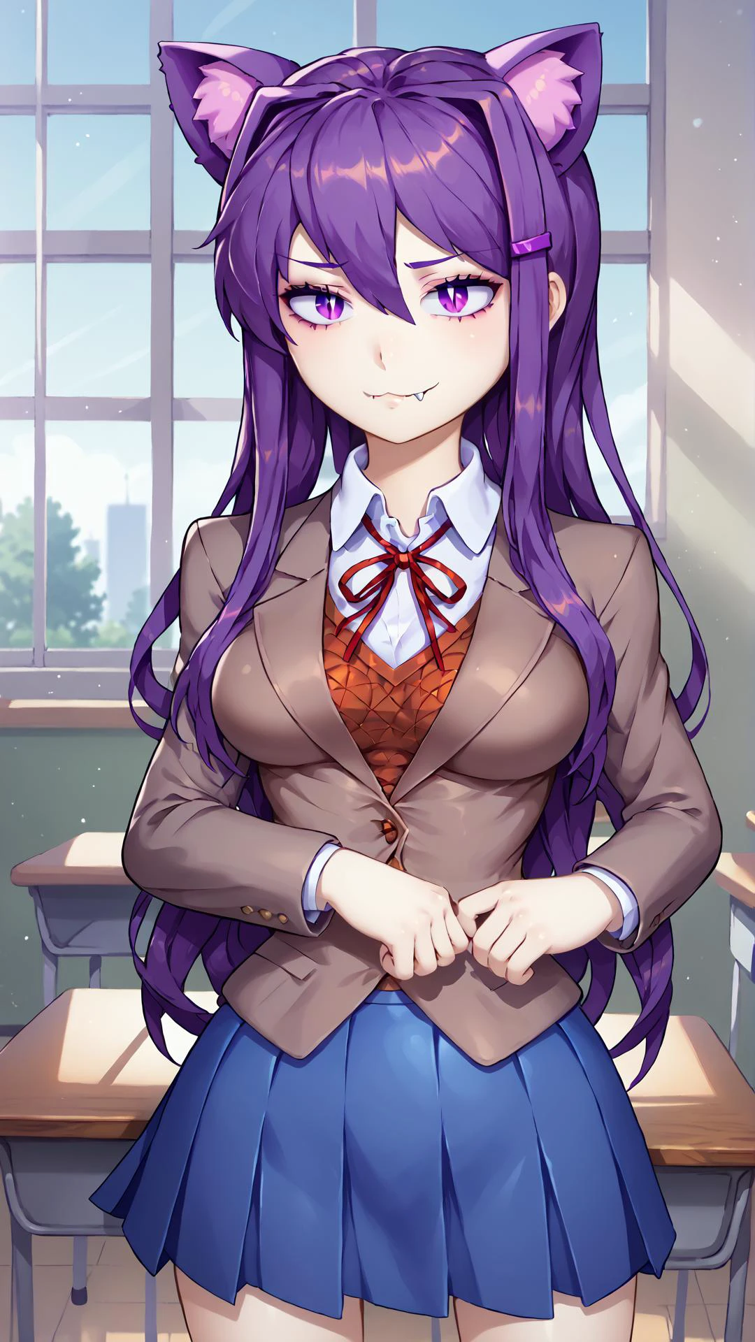 <lora:ddlc-ponyxl-lora-nochekaiser:0.8> ddlcyuri, 1girl, doki doki literature club, solo, hair ornament, hairclip, long hair, purple eyes, purple hair, blazer, blouse, blue skirt, jacket, brown jacket, miniskirt, neck ribbon, ribbon, school uniform, shirt, white shirt, wing collar, large breasts, <lora:necoarc-guy-PONY-v1:1> (necoarc:1.15), slit pupils, cat ears, (chibi:1.15), :3, moe_fang, classroom, school desk, window, sunbeam, score 9, score 8 up, score 7 up, score 6 up, score 5 up, score 4 up, BREAK,