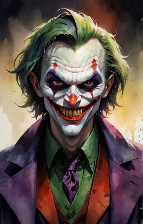 bentemplesmithstyle, watercolor sketch, flat colors, 2d art, soft colorful-hued colors, dark and moody face close-up portrait of the fabulous joker as a blood-thirsty vampire, fangs, godrays, soft rembrandt lighting, abstract geometric gradients, geometric shapes, simple background