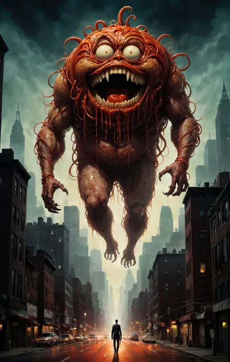 (bentemplesmithstyle:2), an epic portrait of the spaghetti monster towering above the nyc cityscape, giant meatballs, tomato sauce, nighttime, (perspective vanishing point)