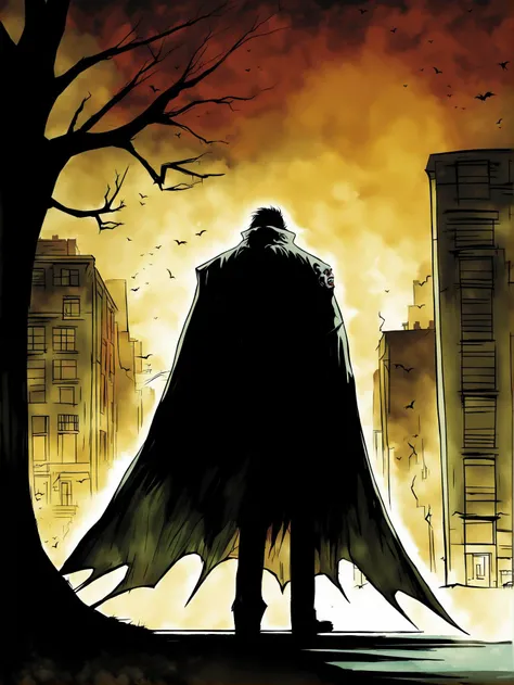 bentemplesmithstyle, comic book page, panels, quotes, monster, punch, city streets, vampire, cloak, woman, trees