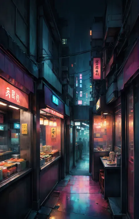 bentemplesmithstyle, watercolor sketch, flat colors, 2d art, soft colorful-hued colors, dark and moody, cyberpunk painting of a street in tokyo looking through the window of an empty sushi diner, nighttime, harsh lighting, abstract geometric gradients, geometric shapes, simple background