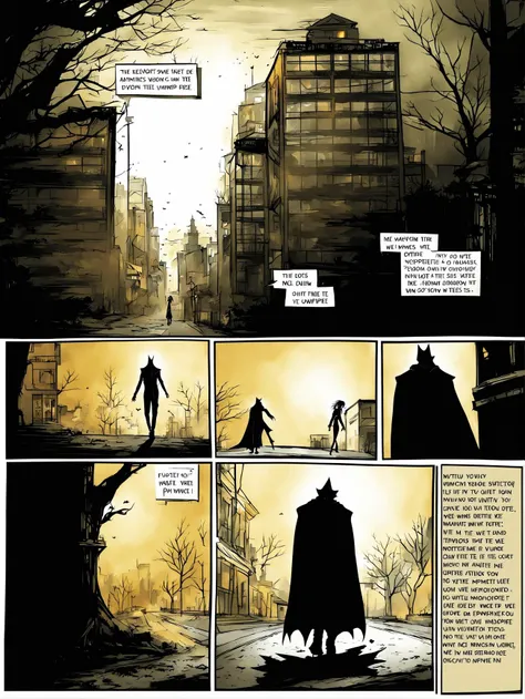 bentemplesmithstyle, comic book page, panels, quotes, monster, punch, city streets, vampire, cloak, woman, trees