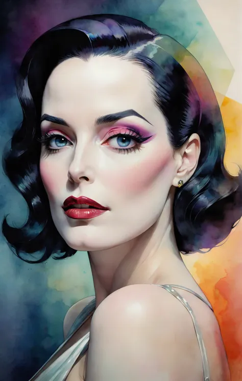 bentemplesmithstyle, watercolor sketch, flat colors, 2d art, soft colorful-hued colors, dark and moody face close-up portrait of the fabulous dita von teese, godrays, soft rembrandt lighting, abstract geometric gradients, geometric shapes, simple background